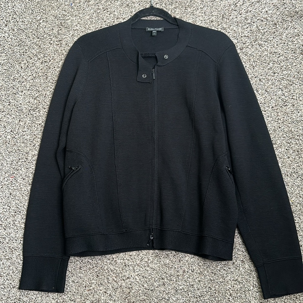 Eileen fisher slik cotton blend zip up knit jacket shirt  L black quilt luxury - Picture 9 of 10